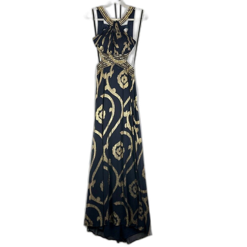 Betsy Adam Cutout Metallic Halter Gown Size 2 NWT Navy Gold Formal Beaded